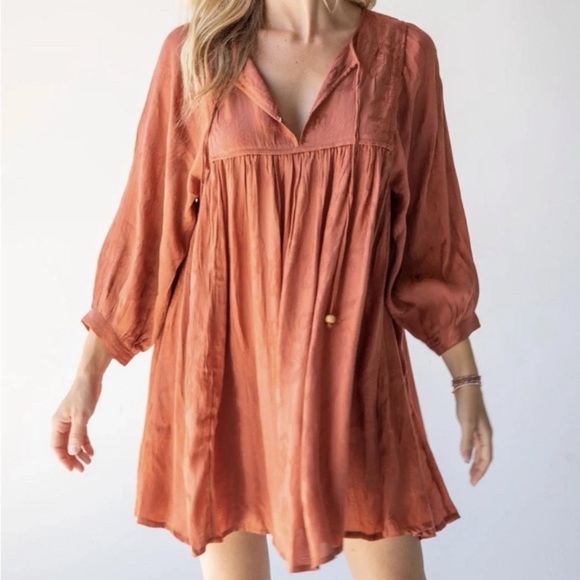 Natural Life NWT Rose Mini Dress Rust Babydoll Bubble Sleeves Oversized S - Picture 2 of 14